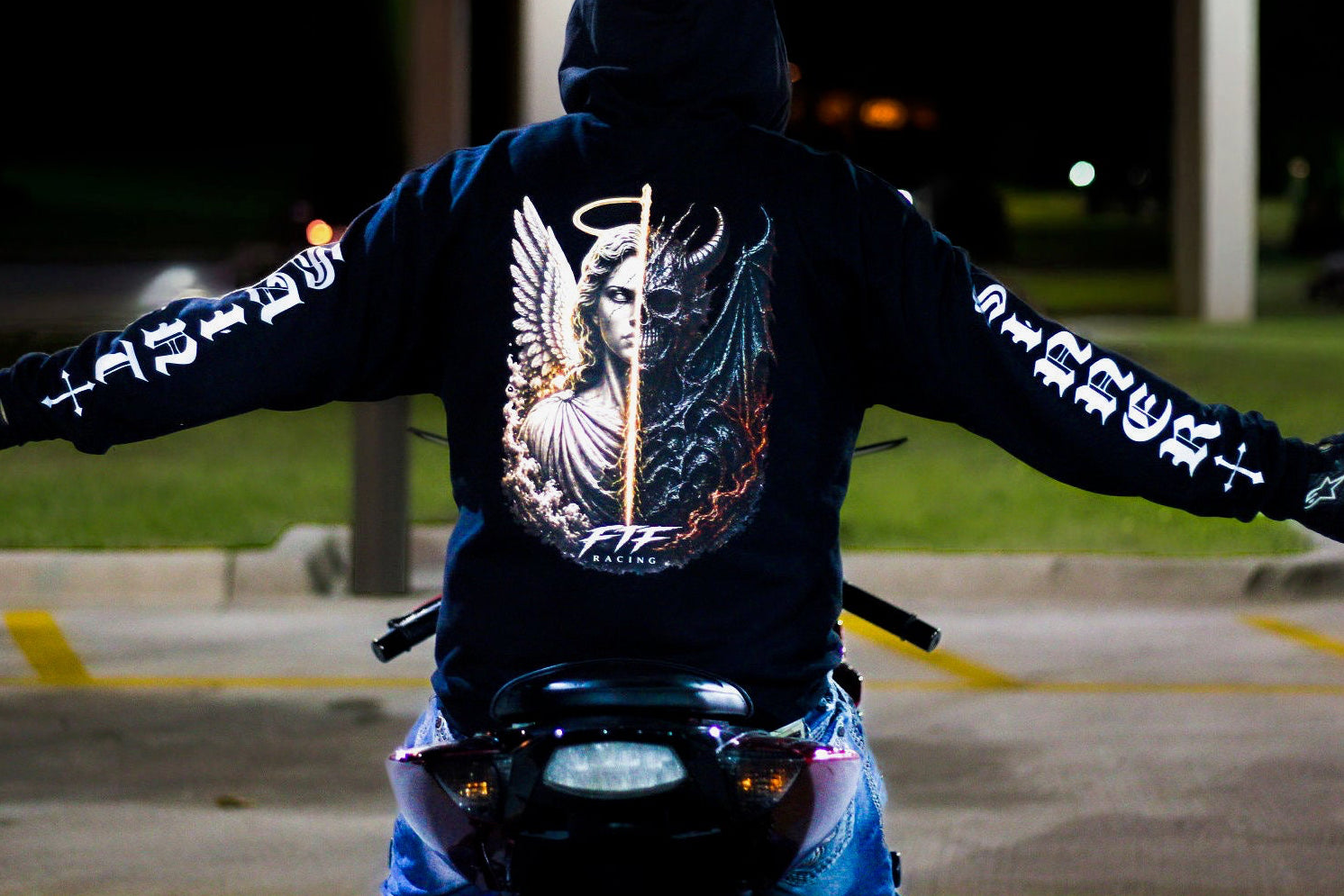 Reflective Motorcycle Hoodie – Angel Wings “Sinner Saint” Riding Hoodie | Night Visibility Streetwear