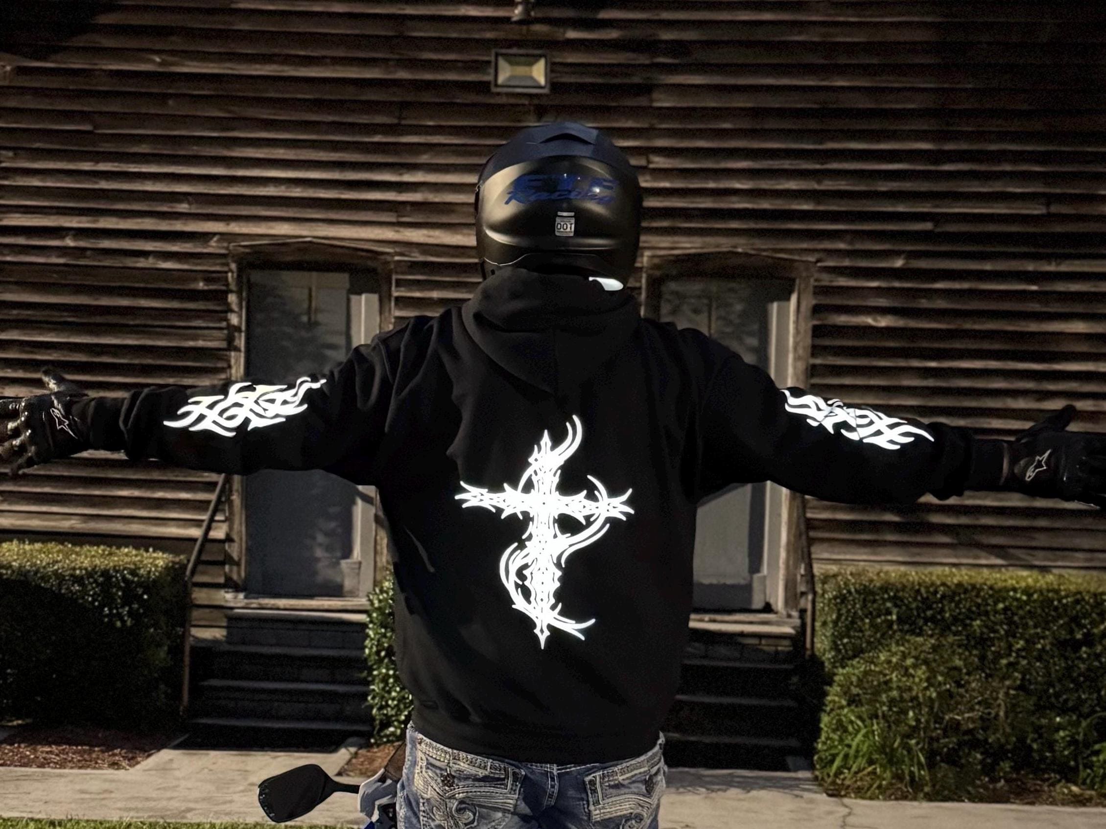 Reflective Cross Hoodie - Biker Hoodie with Tribal Design